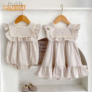 Rompers Newborn Toddler Baby Girls Stripe Jumpsuit Summer Sweet Fashion Baby Girls Sans manches Enfants Princesse robe Girls Soeurs Vêtements D240425