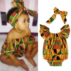 Barboteuses Préscolaire Africain Imprimé Épaule À Capuche + Bandeau Ensemble Bébé Fille Bébé Vêtements Mignon Body Bande De Cheveux Serré