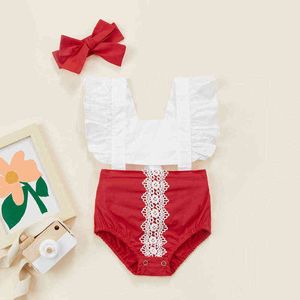 Barboteuses Enfant Bébé Filles Vêtements D'été Mignon Manches À Volants Patchwork Body Combinaisons Tenue Dos Nu Avec Bandeau J220922