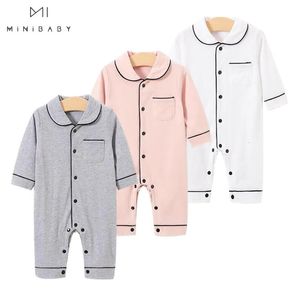 Barboteuses En gros 0 24 M né combinaison bébé vêtements printemps enfant en bas âge Costume garçons filles solide longue maison porter barboteuse pur coton pyjamas 231030