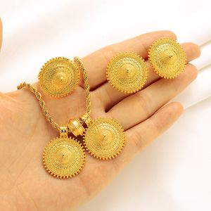 Cadena de cuerda Conjunto de joyería etíope Pendientes colgantes de oro macizo fino Anillo Eritrea Estilo étnico Habesha