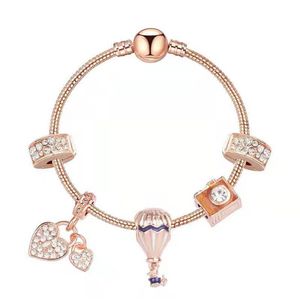 Pulsera con dijes de oro rosa, dijes de globos de fuego aéreo, colgante de corazón con bordes de diamantes, cuentas de vidrio telescópicas de avión aptas para D272v