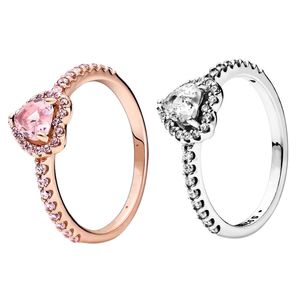 Or rose pierre rose amour élevé coeur anneaux coffret d'origine pour Pandora véritable 925 argent CZ diamant femmes bague de mariage
