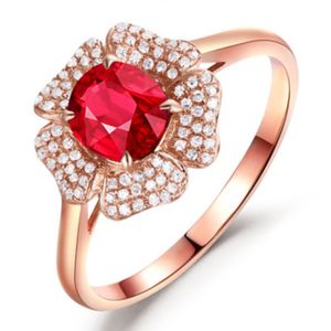 Anillo de rubí de oro rosa para mujer, anillo de flores florecientes, regalo del Día de San Valentín, joyería caliente, anillos de cristales al por mayor