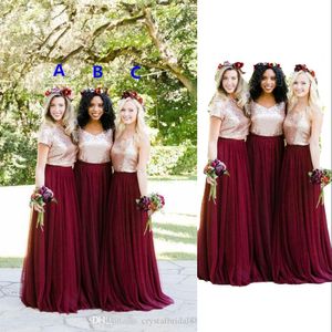 2023 robes de demoiselle d'honneur or rose pailleté bordeaux tulle deux pièces pays trois styles dos ouvert longueur de plancher plus taille robes d'invité de mariage