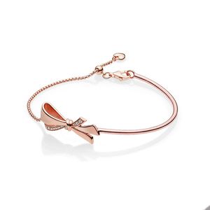 Rose Gold Sparkling Bow Slider Bracelet para Pandora Real Silver Hand Chain Joyería de boda para mujer Novia Diseñador Bowknot Pulseras con caja original