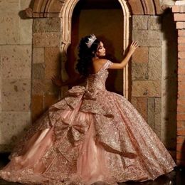 Or rose scintillant chérie cristal appliques arc Quinceanera robes robe de bal hors de l'épaule perles doux robes de 15 filles
