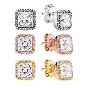 Rose Gold Square CZ Diamond Stud Pendiendo Joyas de diseñador de bodas para mujeres con caja original para Pandora 925 Pendientes de plata esterlina
