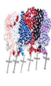 ROSE PERL ROSARY CROSS PENDANTS Colliers Perles Vine Chaîne de pull long de style Catholic Jésus Mix 6 Color 12PCS1051586
