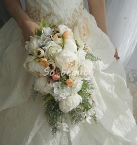 Rose Peony Bridal Cascading Bouquet Mariage Bouquets Bride Girl Fleurs à la maison Décoration Fausse Table Fleur Blanc Pink2845414