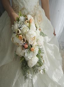 Rose Peony Bridal Cascading Bouquet Mariage Bouquets Bride Girl Fleurs à la maison Décoration Fausse de table Fleur Blanc Pink3430543