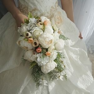 Bouquet de mariée en cascade de pivoines roses, Bouquets de mariage, fleurs de mariée pour fille, décoration de fête à domicile, fausse fleur de Table blanche Pink255x