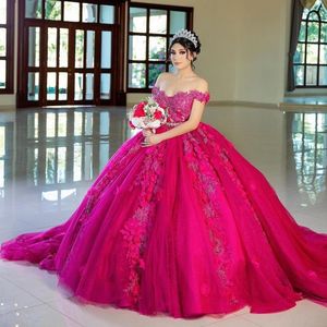 Rose Red Princess Ball Gown Quinceanera Vestidos Off Shoulder 3DFlowers Apliques Beading Sweet 16 Dress Vestidos De 15 Anos Lace-Up