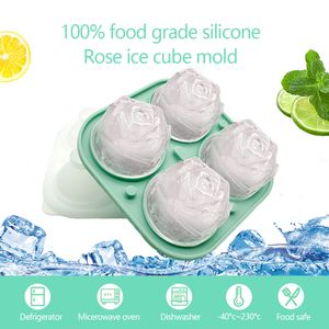 Moules de plateau de glace en silicone rose Forme de fleur de qualité alimentaire anti-fuite 4 grilles de silicone réutilisable Cube moule pour bar
