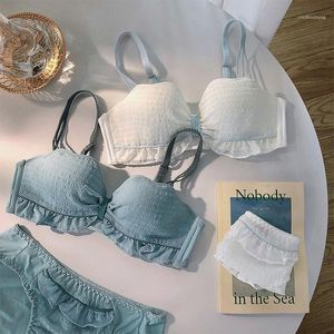 Roseheart Mujeres Moda Azul Blanco Lencería sexy Bralette Lace Bow Bragas de algodón Conjuntos de sujetadores inalámbricos Ropa interior A B Mujer Bras1