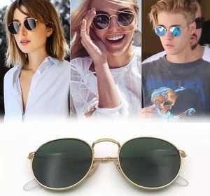 Lunettes de soleil à lentilles en verre miroir Flash, rétro rondes pour hommes et femmes, lunettes de soleil à la mode, monture en métal, lunettes UV400 avec étui d'origine