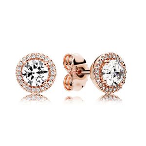 Ronda Sparkle Halo Stud Earring Luxury Rose chapado en oro para Pandora CZ pendientes pequeños de diamantes para mujeres niñas con caja original