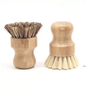 Ronde En Bois Brosse Poignée Pot Plat Ménage Sisal Palm Bambou Cuisine Tâches Frotter Brosses De Nettoyage C0927