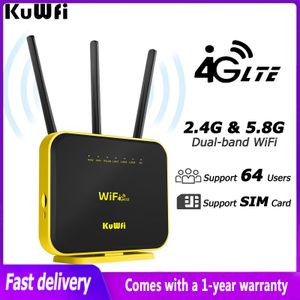 Routers Kuwfi Wireless 4G Router 1200 Mbps 4G / 5G Dual Band WiFi Router SIM Card WiFi Hotspot Modem Support 64 Utilisateur avec Gigabit LAN Port