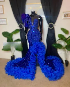 Robe de bal longue en cristal perlé bleu Royal pour filles noires, tenue de soirée sirène à volants fendus, tenue de fête d'anniversaire, 2024