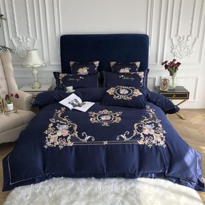 Juego de ropa de cama de seda lavada satinada con bordado elegante azul real, funda de edredón de algodón, sábana bajera, fundas de almohada, ropa de cama b207x