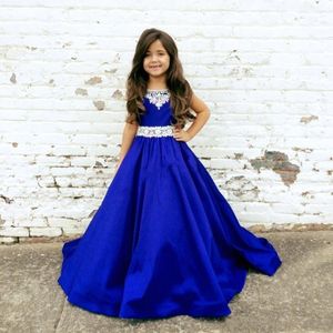 Robes de fille de fleur bleu Royal avec dentelle blanche col bijou une ligne balayage Train Satin robes de mariée pour enfants