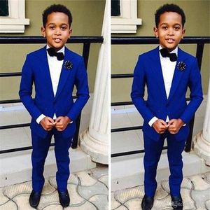 Bleu royal enfants mariage formel marié Tuxedos 2019 deux pièces revers cranté fleur garçons enfants bal fête veste et pantalon