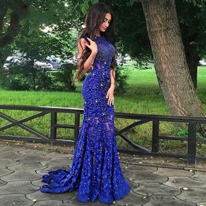 Royal Blue Mermaid Vestidos de noche Sexy Women Formal Party Robe De Soiree Elegant Sequin Lace Vestidos Maxi Long Prom Dress