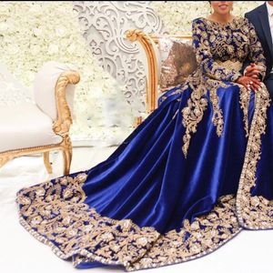 Royal Blue Kaftan marroquí Caftan Vestidos de noche musulmanes Una línea de manga larga Vestidos de baile Apliques Dubai Árabe Turquía Abaya Islami289s