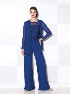 Royal Blue Mother Of The Bride Pant Suits With Long Sleeve Jackets Two Pieces Formal Dresses Jewel Neck Sequined Wedding Guest Dresses