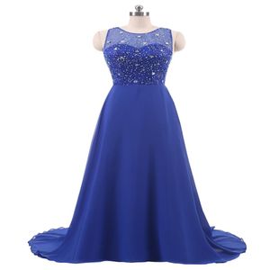 Royal Blue Plus Size Vestidos de noche 2018 Sheer Neck Beaded Backless Long Prom Dress Vestidos formales Cheap Real Po In Stock312Z