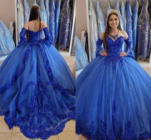 Vestidos de quinceañera de princesa azul real 2022 Apliques de encaje con cuentas y escote en forma de corazón con cordones Corsé en la espalda Dulce 16 vestidos Vestido de fiesta M118