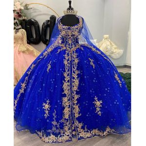 Royal Blue Quinceanera Robes or Appliques Dentelle Fleurs Robe De Bal Avec Cape Chérie Corset Pour Sweet 15 Girls Party