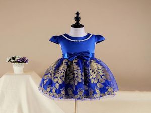 Robes de fille de fleur courtes bleu royal rouge pas cher en stock princesse or paon dentelle appliques manches capuchon enfants enfant en bas âge anniversaire Par3527942