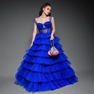 Bleu royal volants robes de bal à plusieurs niveaux large sangle froncé longue robe de retour jupe en tulle en couches robe d'occasion spéciale