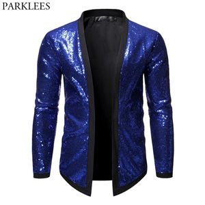 Royal Blue Sequin Cardigan Blazer Hommes Slim Fit Mens Glitter Blazers Party Wedding Blazer Veste Homme Stage Clothers pour Chanteurs 210522