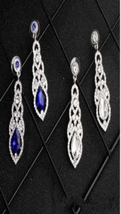 Royal Blue Silver 2020 Crystals brillants Boucles d'oreilles Bridal Rustones Long Drop Boucle pour femmes Bijoux de mariée Cadeau de mariage pour BR6033970