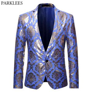 Royal Blue Tuxedo Blazer Veste Hommes Élégant Gold Print Mens Robe Blazers Un Bouton Slim Fit Party Dîner Blazer Masculino 210522