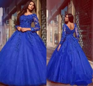 Royal Blue V-cou Prom Quinceanera Dress Avec Illusion Manches Longues Dentelle Perlée Applique Princesse Robe De Bal Pageant Party Sweet 16 Girls