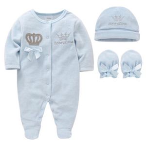 Conjuntos de ropa Royal Crown Prince, mamelucos para bebés, gorro y guantes, conjunto de 3 uds, pijamas de una pieza para niña recién nacida, pijamas de terciopelo