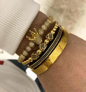 Royal King Crown Entertainment 4PCS Set Strass Or 18kt BraceletSilver Charm Bracelets Hommes De Luxe CZ Imperial Cadeaux Bijoux 4853015