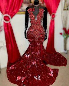 Vestido rojo rubí para celebración de celebridades para mujer, 30 cumpleaños, mariposa, diamante, sirena, vestido de Reina del baile de graduación, vestidos de noche Es Es Es