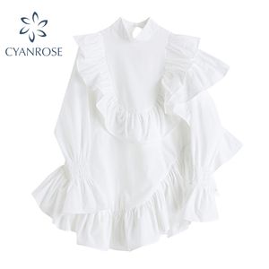 Ruffle Empalmado Diseño Suelto Crop Dress Mock Collar Vintage Elegante Mini Vestidos Mujer WhiteBlack Mori Girl Korean Frocks 210417