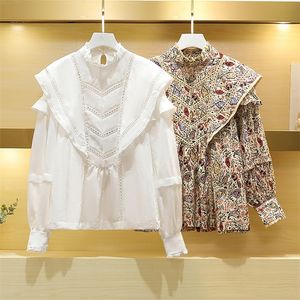 Camisa ahuecada con volantes Blusa de cuello alto de manga larga de dos tipos de encaje dulce para mujer Principios de otoño 210225