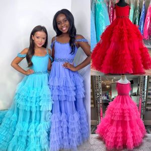 Ruffles Toddler Girl Pageant Robe Robe Tiered Ballgown Flower Girl pour le mariage 1ère Communion Kid Formel Prom Célébration Birthday Party Periwinkle Rose Hot