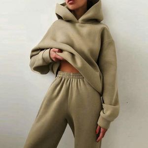 Running Sets Women Winter Fall Tracksuit Suit Hoodie Pants Set Loose Soft Casual Warm Elastic Waist Pockets Thick Jogging Top Trousers