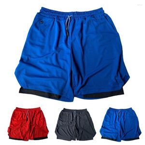 Pantalones cortos para correr para hombre, doble capa, con cordón, falso, de dos piezas, transpirable, bolsillo para teléfono móvil, cintura elástica, longitud hasta la rodilla para entrenamiento