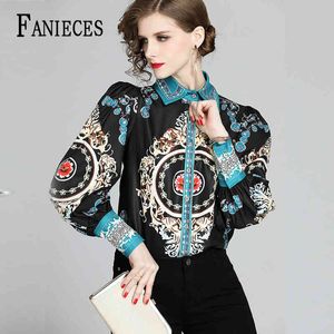 Diseñador de pasarela Blusas de talla grande Verano otoño Camisa de manga larga con estampado de corona de flores vintage para mujer Tops de moda drop 210520