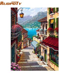 Marco de Ruopoty 40x50cm Coffee Town Landscape Painting by Numbers Art de pared Diy Pintura al óleo Decoración del hogar para la decoración de la habitación Q1904264115450