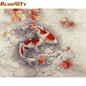 RUOPOTY Goldfish DIY Pintura Decoración del hogar Pintura acrílica Imagen por números para sala de estar Arte de la pared 40x50cm Y200102